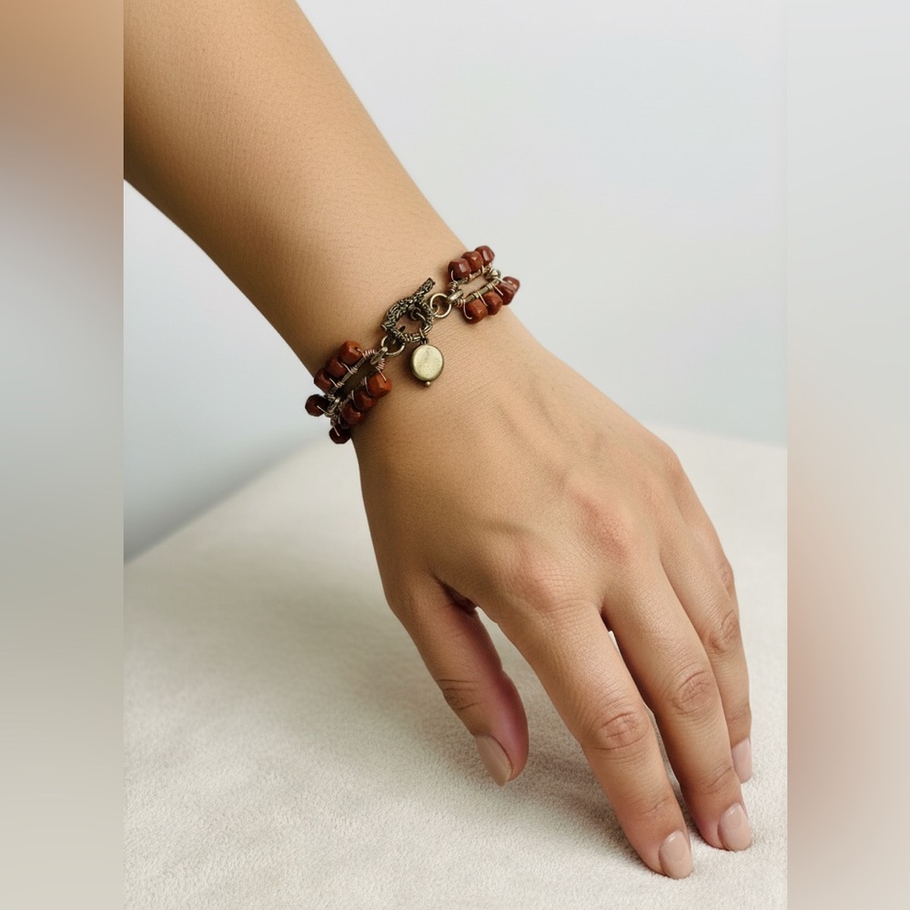 Mixed Metal Wire Wrapped Red Stone Bracelet